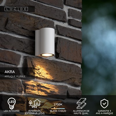 Lucide AKRA - Applique murale Intérieur/Extérieur - LED - 1x6W 2700K - IP54 - Blanc
